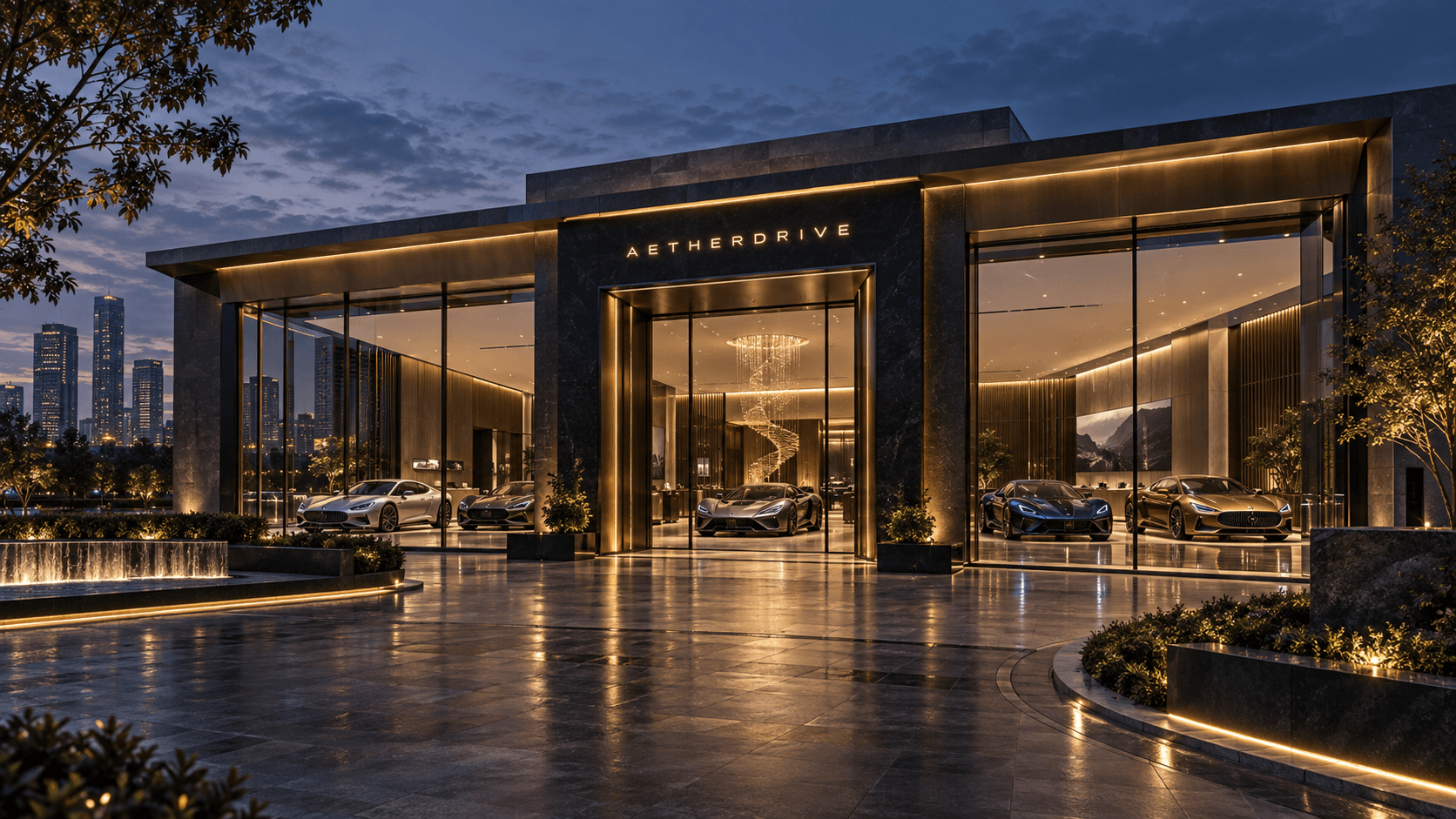 driveXmoto flagship showroom exterior at dusk