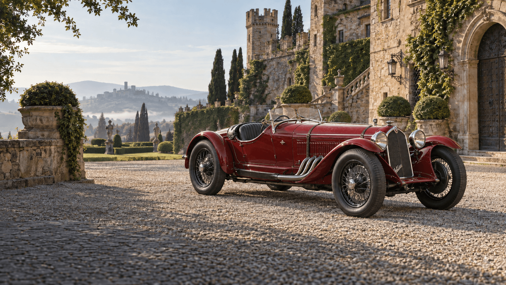 Aged red Alfa Romeo 8C 2300 in morning light outside an Italian castle